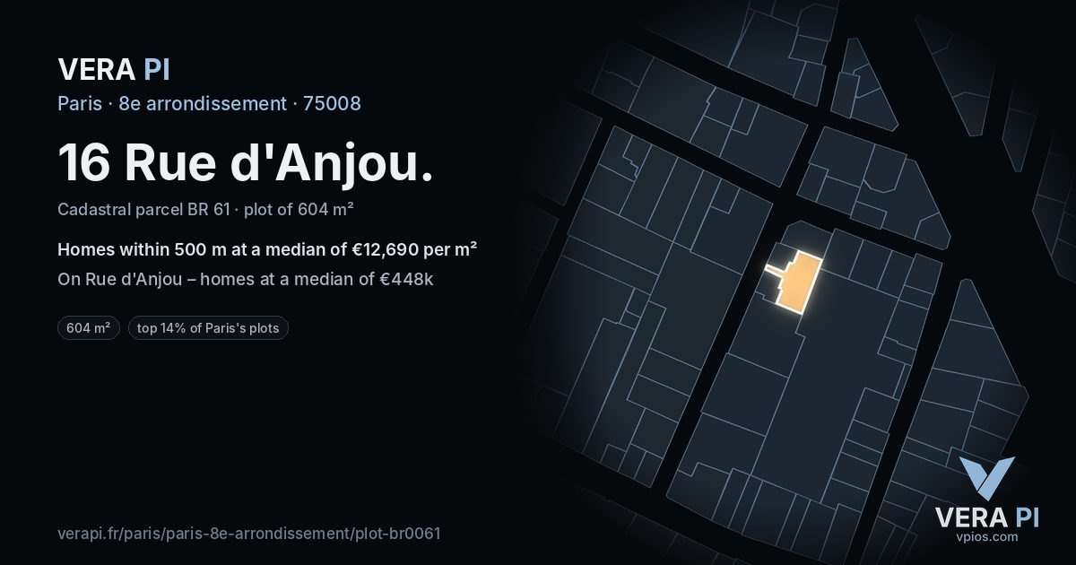16 Rue d'Anjou, 8e arrondissement at night – the plot lit, the parcels around coloured by the prices near them