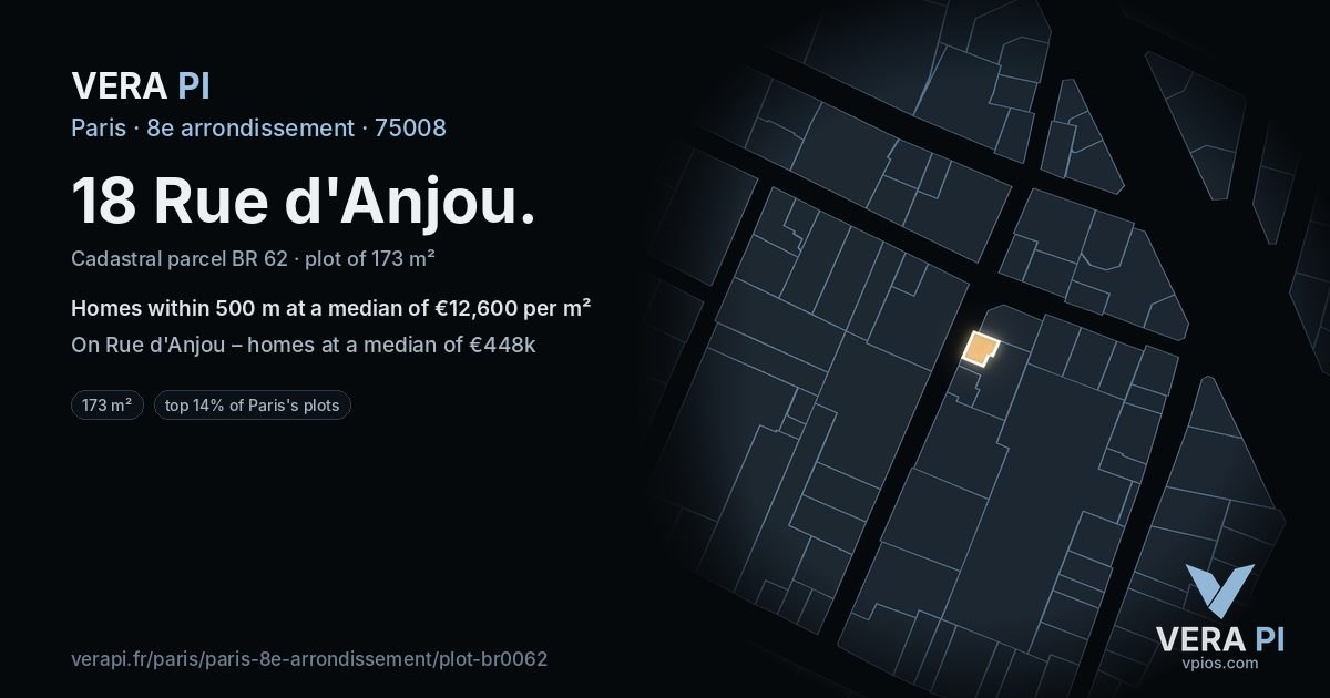 18 Rue d'Anjou, 8e arrondissement at night – the plot lit, the parcels around coloured by the prices near them