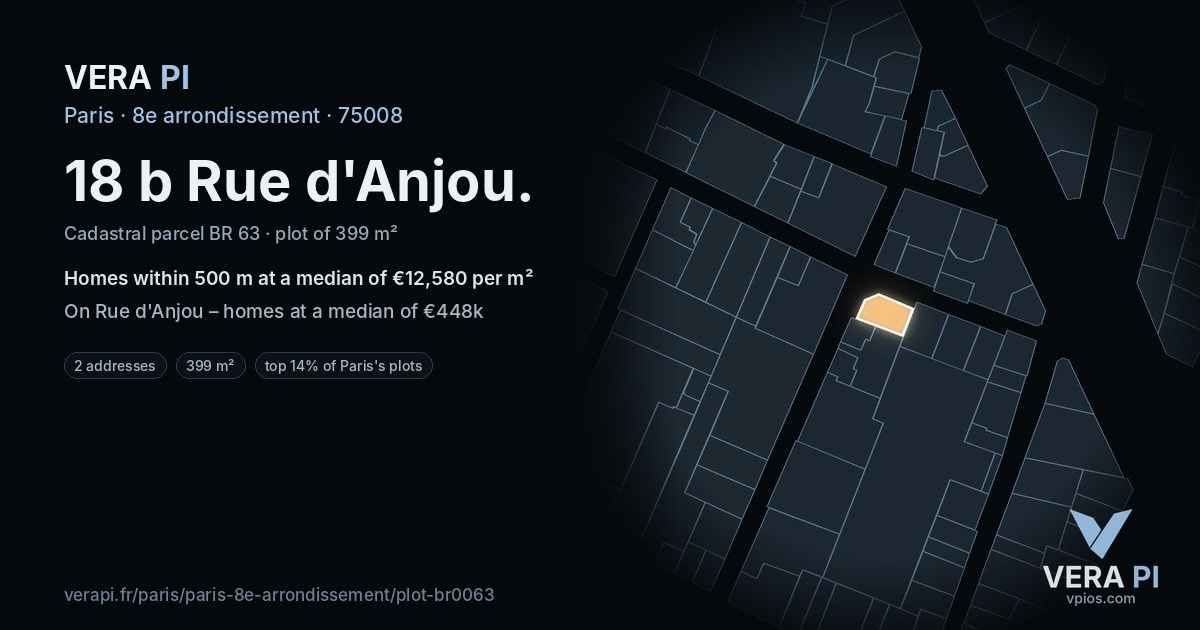 18 b Rue d'Anjou, 8e arrondissement at night – the plot lit, the parcels around coloured by the prices near them