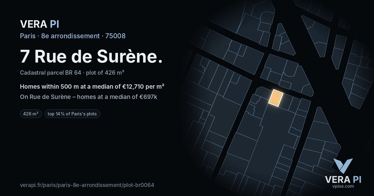 7 Rue de Surène, 8e arrondissement at night – the plot lit, the parcels around coloured by the prices near them