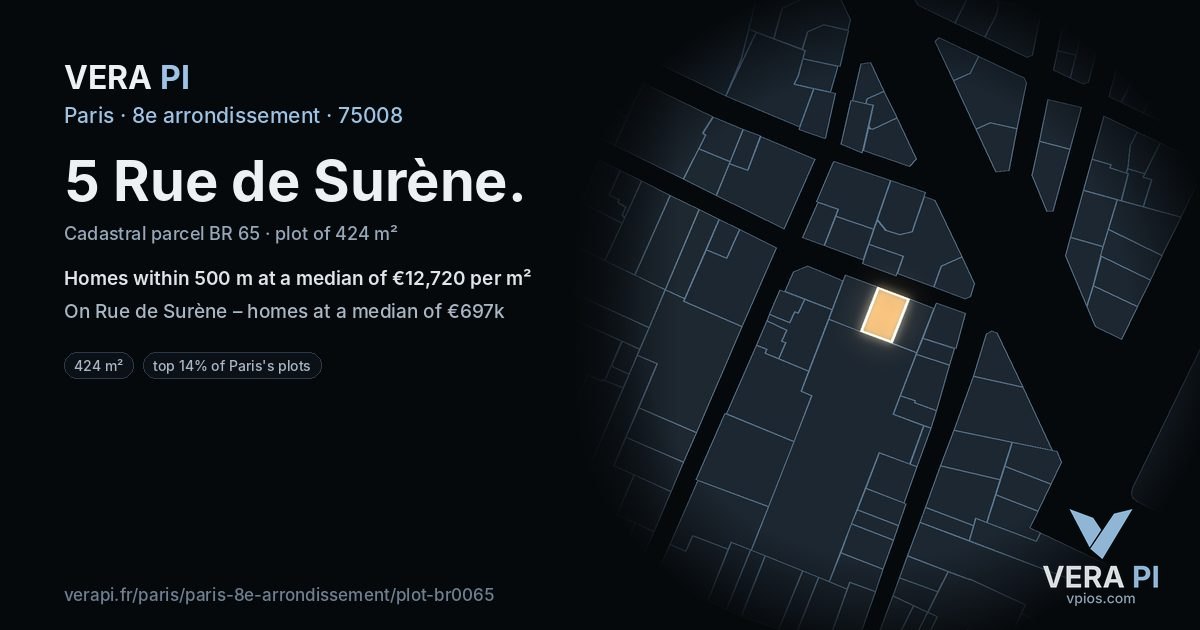 5 Rue de Surène, 8e arrondissement at night – the plot lit, the parcels around coloured by the prices near them