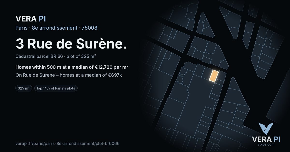 3 Rue de Surène, 8e arrondissement at night – the plot lit, the parcels around coloured by the prices near them