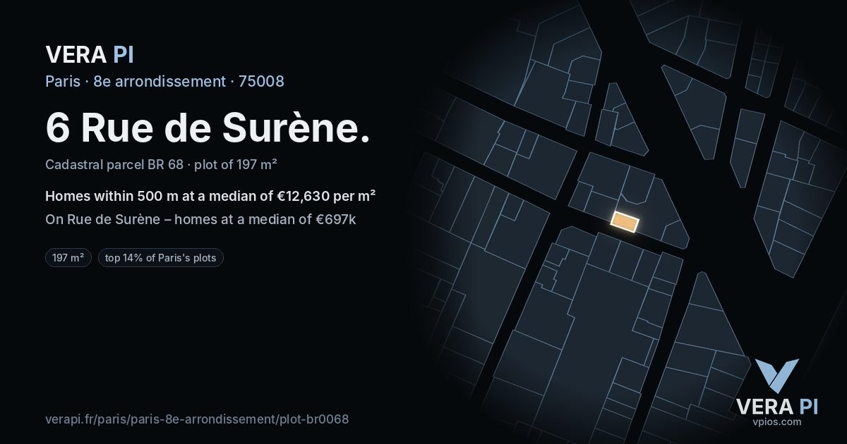6 Rue de Surène, 8e arrondissement at night – the plot lit, the parcels around coloured by the prices near them
