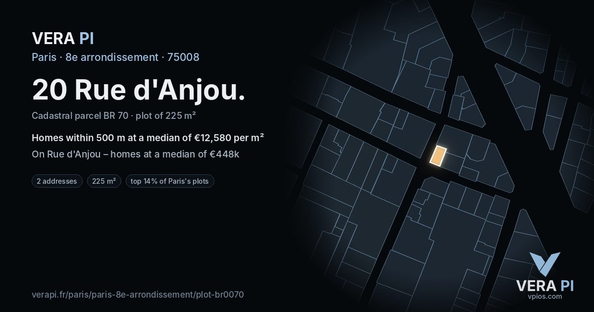 20 Rue d'Anjou, 8e arrondissement at night – the plot lit, the parcels around coloured by the prices near them
