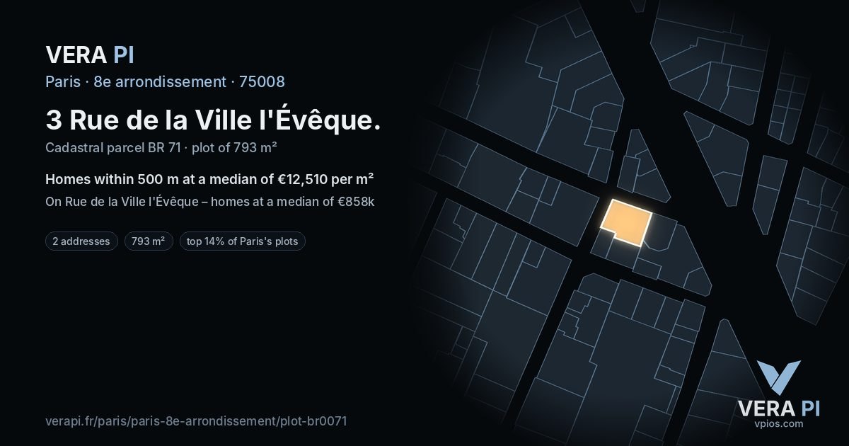 3 Rue de la Ville l'Évêque, 8e arrondissement at night – the plot lit, the parcels around coloured by the prices near them