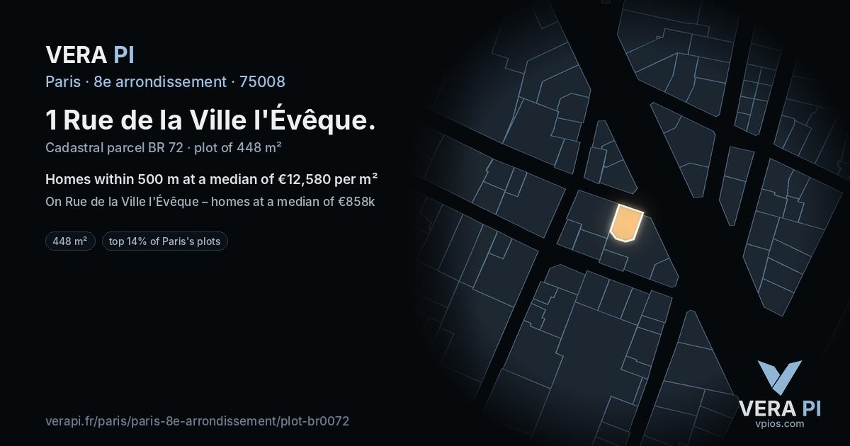 1 Rue de la Ville l'Évêque, 8e arrondissement at night – the plot lit, the parcels around coloured by the prices near them