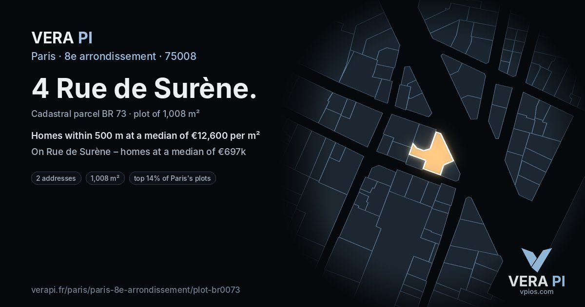 4 Rue de Surène, 8e arrondissement at night – the plot lit, the parcels around coloured by the prices near them