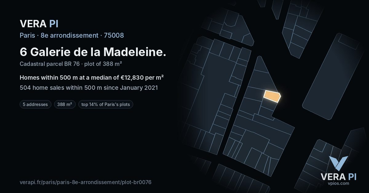 6 Galerie de la Madeleine, 8e arrondissement at night – the plot lit, the parcels around coloured by the prices near them