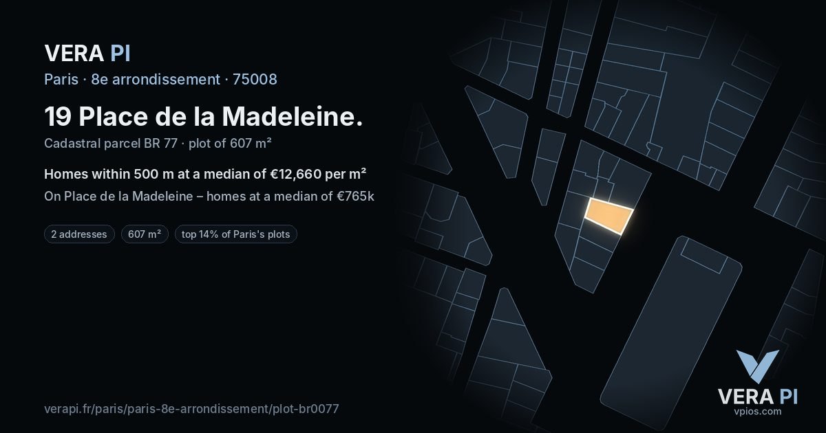 19 Place de la Madeleine, 8e arrondissement at night – the plot lit, the parcels around coloured by the prices near them