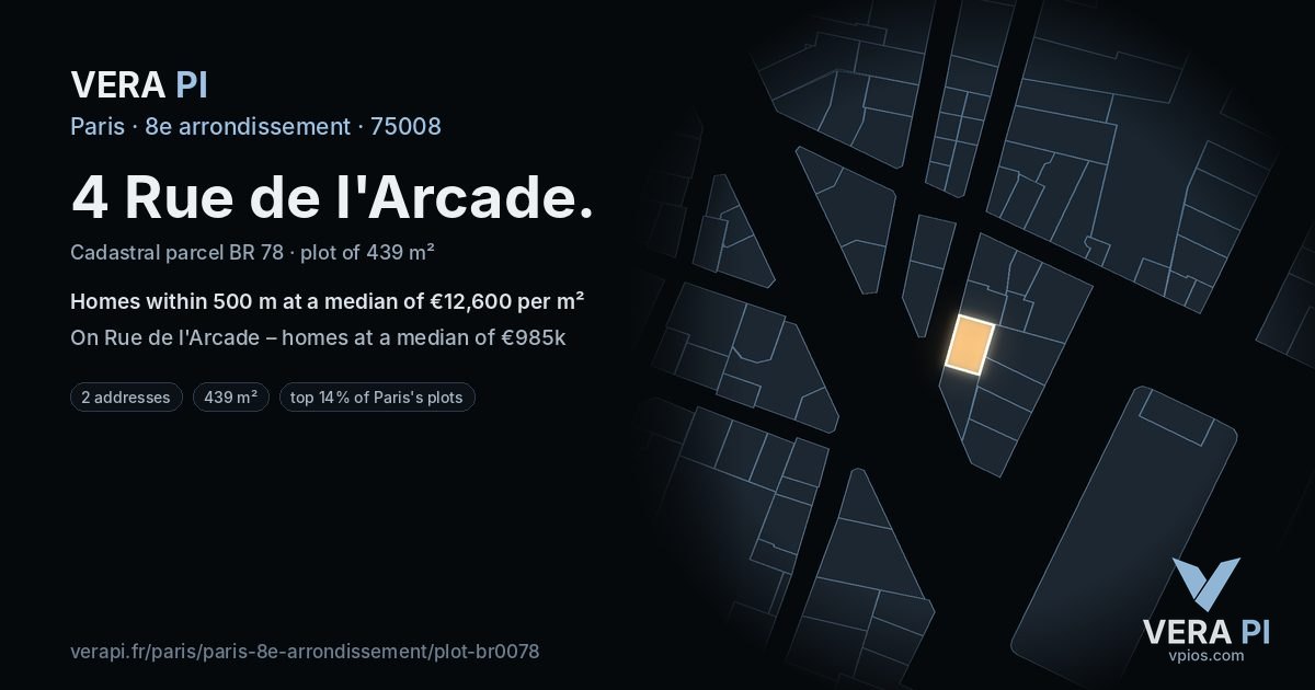4 Rue de l'Arcade, 8e arrondissement at night – the plot lit, the parcels around coloured by the prices near them