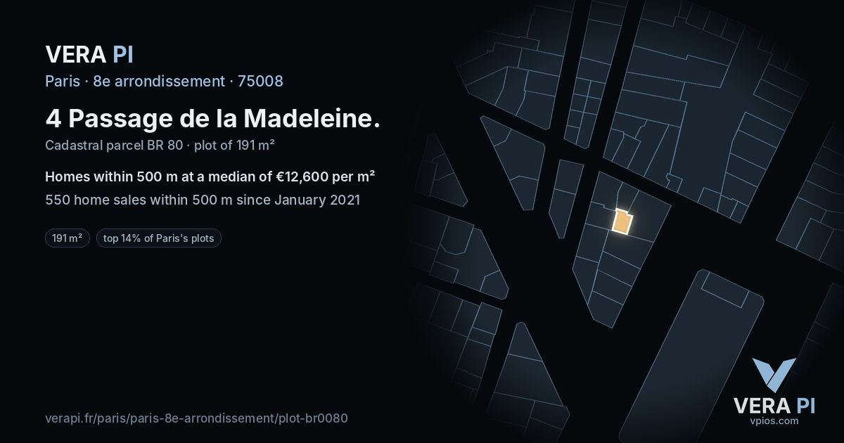 4 Passage de la Madeleine, 8e arrondissement at night – the plot lit, the parcels around coloured by the prices near them