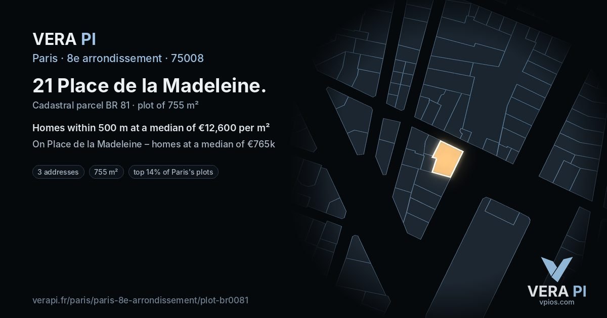 21 Place de la Madeleine, 8e arrondissement at night – the plot lit, the parcels around coloured by the prices near them