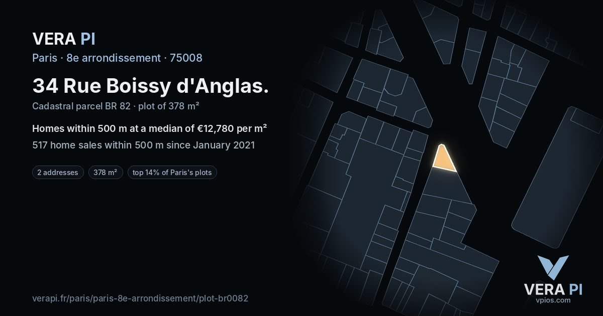 34 Rue Boissy d'Anglas, 8e arrondissement at night – the plot lit, the parcels around coloured by the prices near them