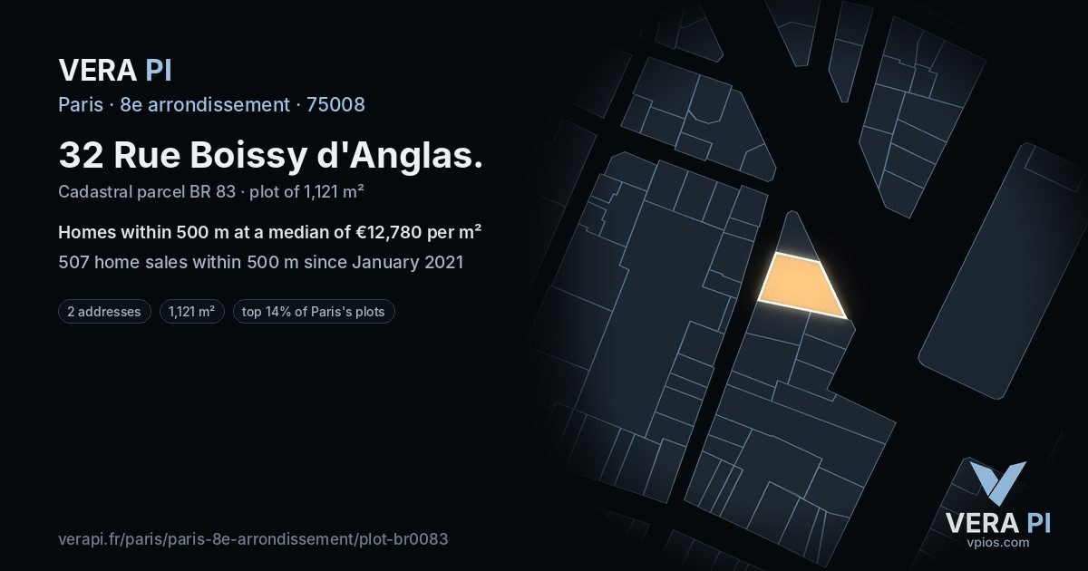 32 Rue Boissy d'Anglas, 8e arrondissement at night – the plot lit, the parcels around coloured by the prices near them