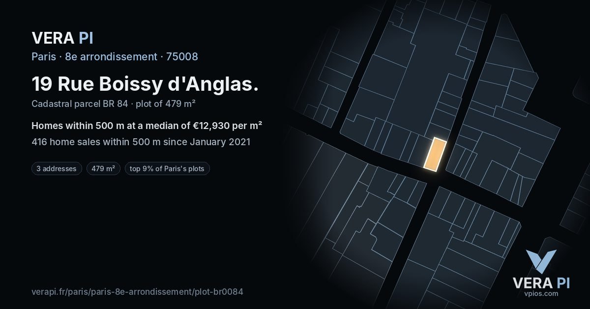 19 Rue Boissy d'Anglas, 8e arrondissement at night – the plot lit, the parcels around coloured by the prices near them