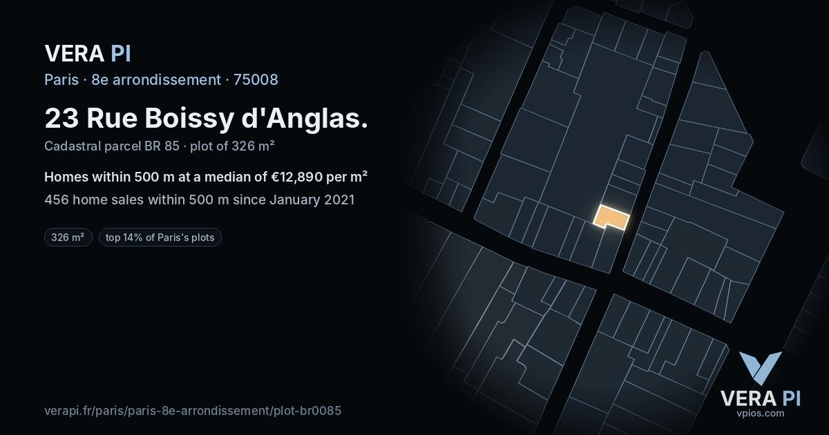 23 Rue Boissy d'Anglas, 8e arrondissement at night – the plot lit, the parcels around coloured by the prices near them
