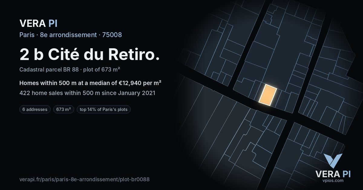 2 b Cité du Retiro, 8e arrondissement at night – the plot lit, the parcels around coloured by the prices near them