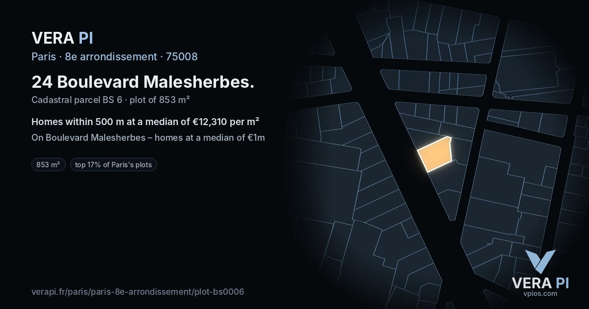 24 Boulevard Malesherbes, 8e arrondissement at night – the plot lit, the parcels around coloured by the prices near them