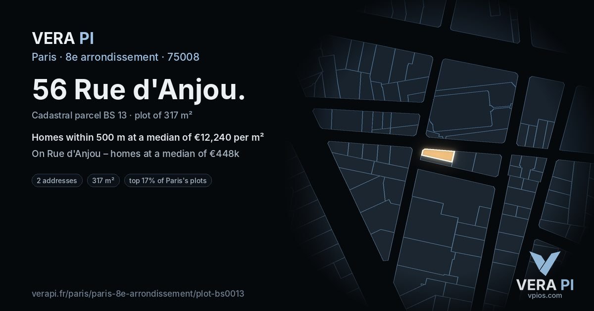 56 Rue d'Anjou, 8e arrondissement at night – the plot lit, the parcels around coloured by the prices near them