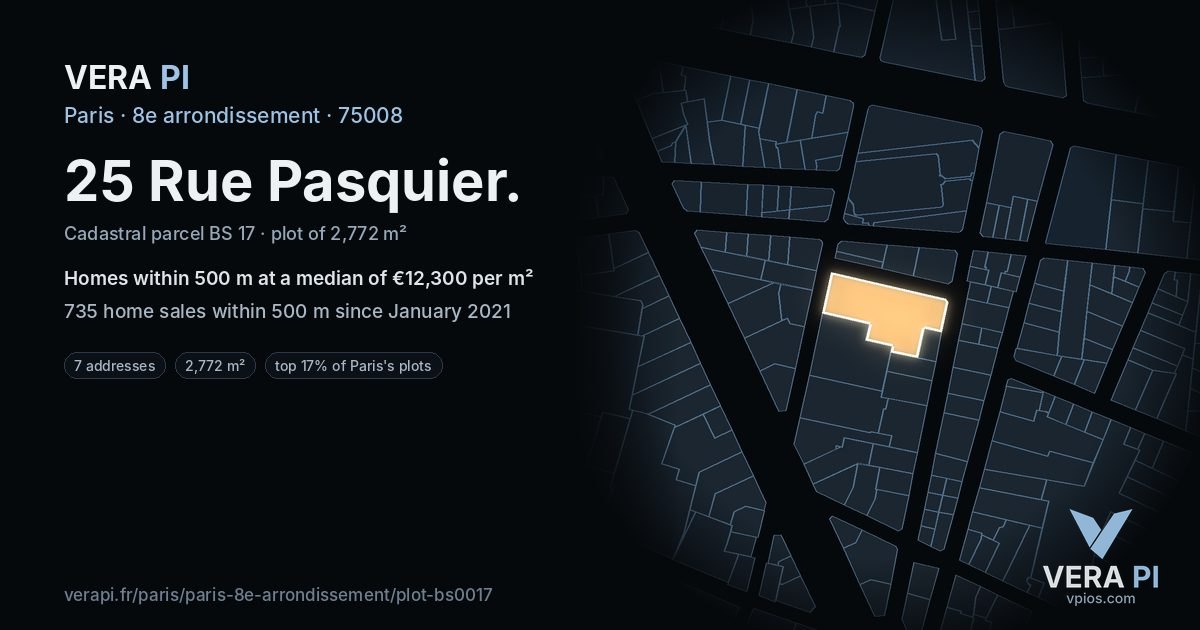 25 Rue Pasquier, 8e arrondissement at night – the plot lit, the parcels around coloured by the prices near them