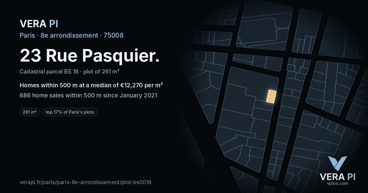 23 Rue Pasquier, 8e arrondissement at night – the plot lit, the parcels around coloured by the prices near them