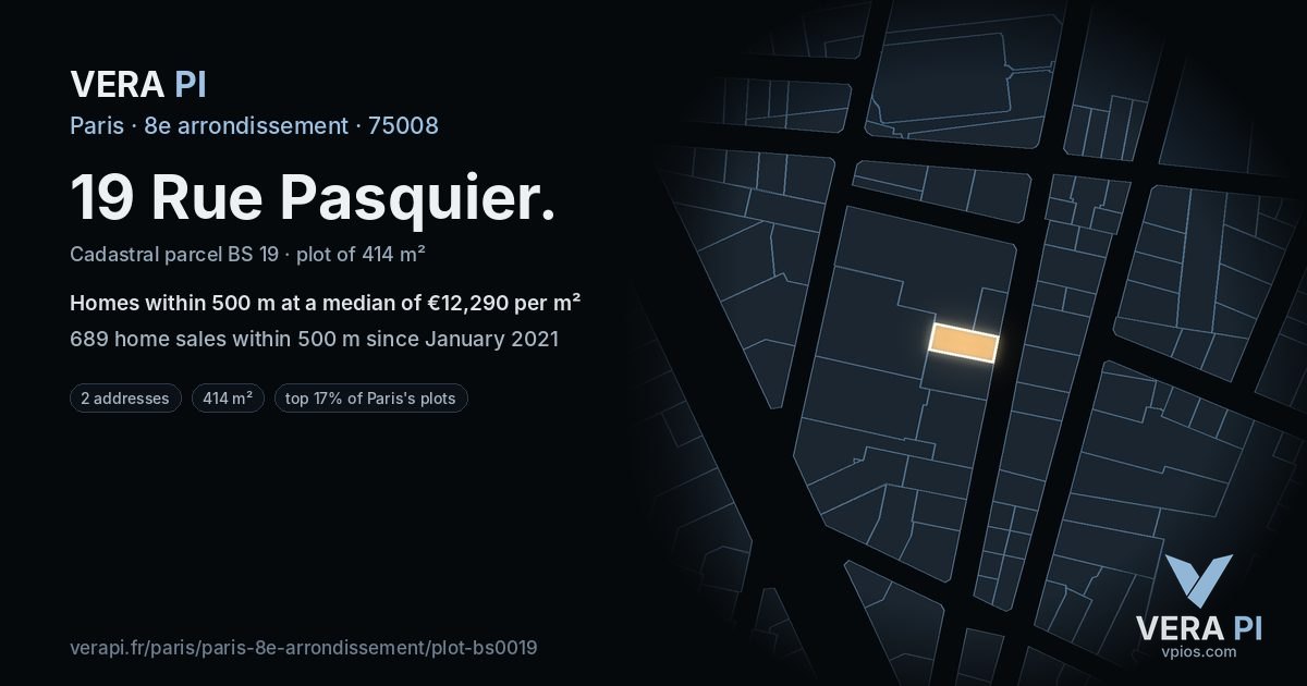 19 Rue Pasquier, 8e arrondissement at night – the plot lit, the parcels around coloured by the prices near them