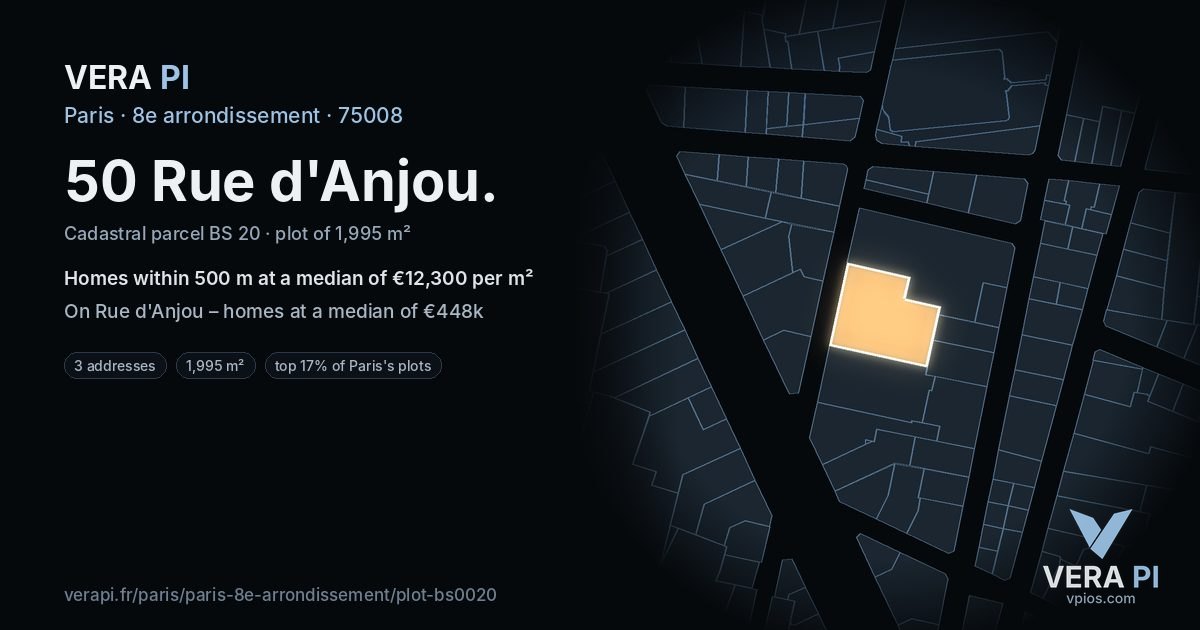 50 Rue d'Anjou, 8e arrondissement at night – the plot lit, the parcels around coloured by the prices near them