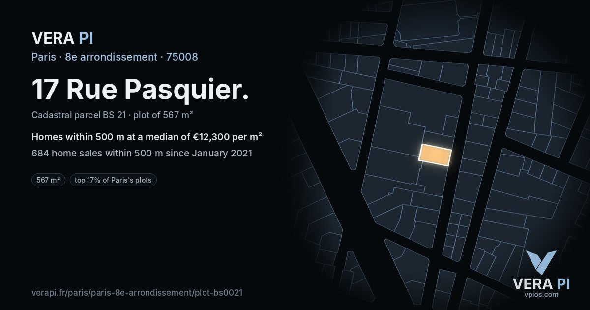 17 Rue Pasquier, 8e arrondissement at night – the plot lit, the parcels around coloured by the prices near them