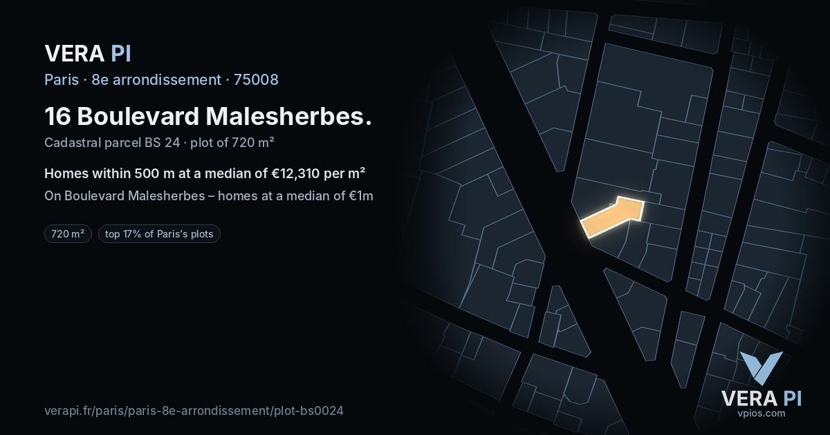 16 Boulevard Malesherbes, 8e arrondissement at night – the plot lit, the parcels around coloured by the prices near them