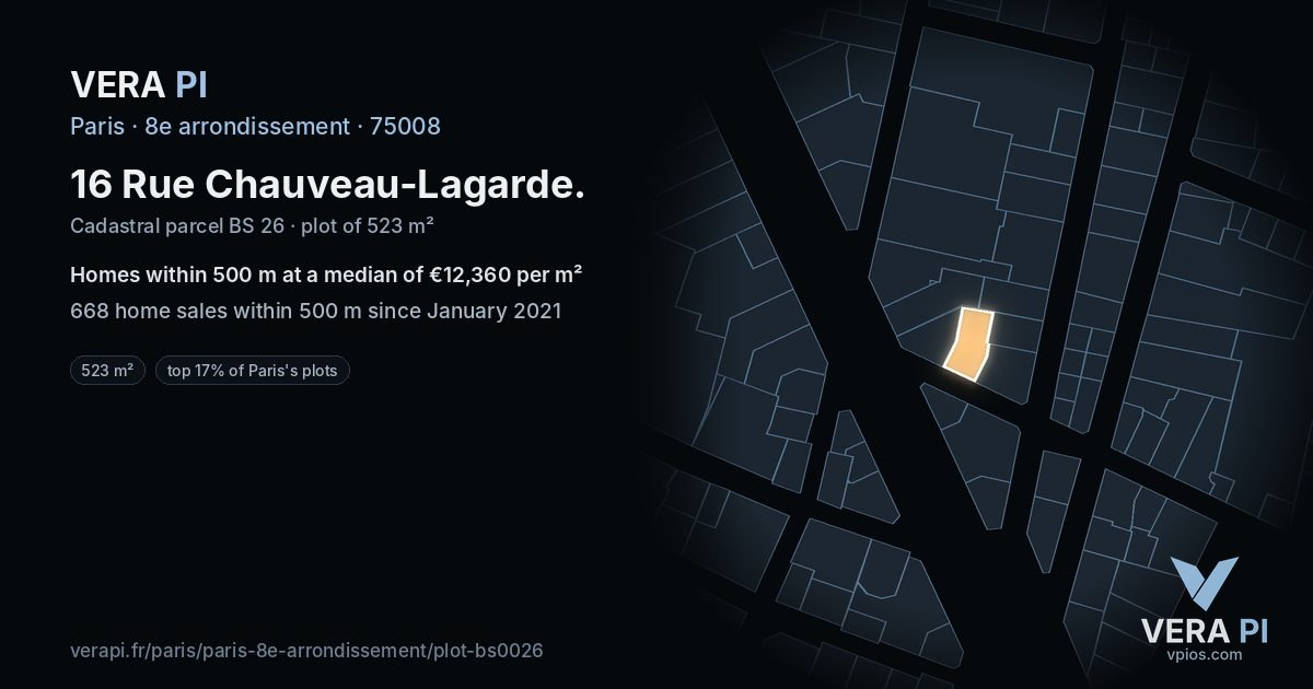 16 Rue Chauveau-Lagarde, 8e arrondissement at night – the plot lit, the parcels around coloured by the prices near them