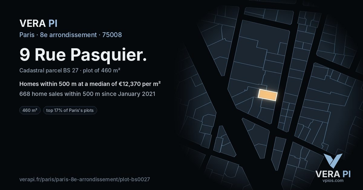 9 Rue Pasquier, 8e arrondissement at night – the plot lit, the parcels around coloured by the prices near them