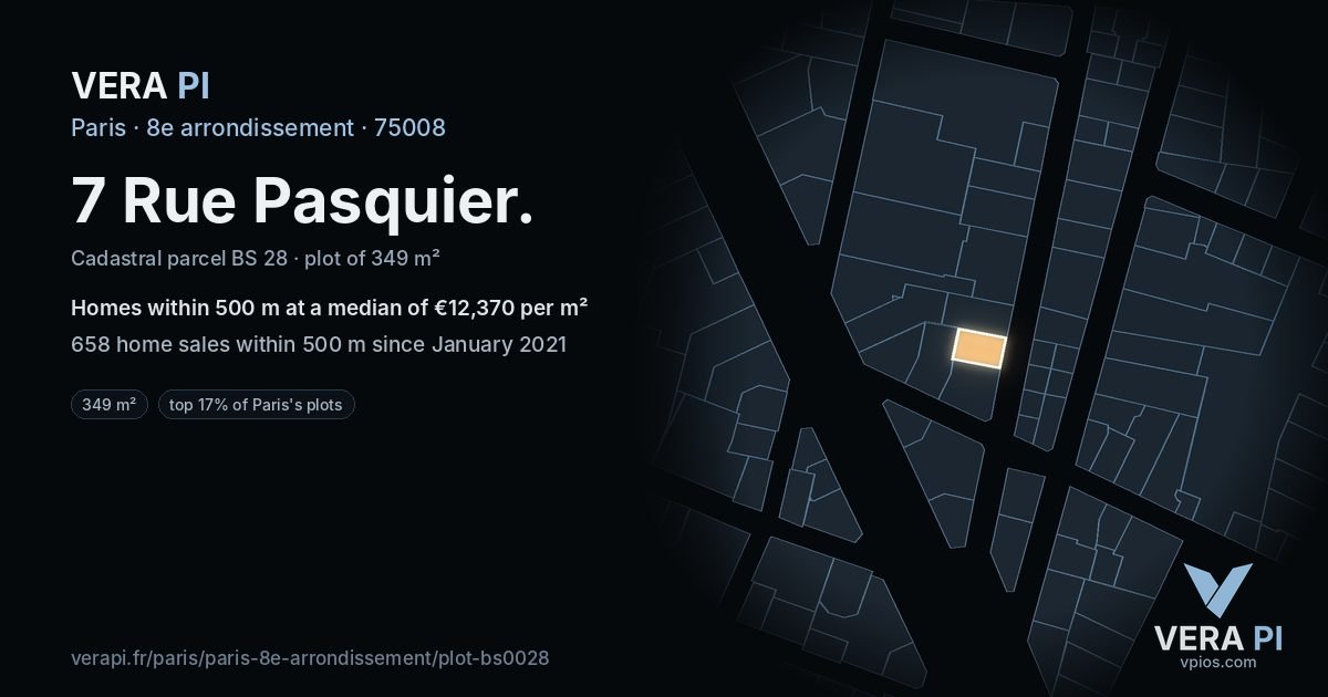 7 Rue Pasquier, 8e arrondissement at night – the plot lit, the parcels around coloured by the prices near them