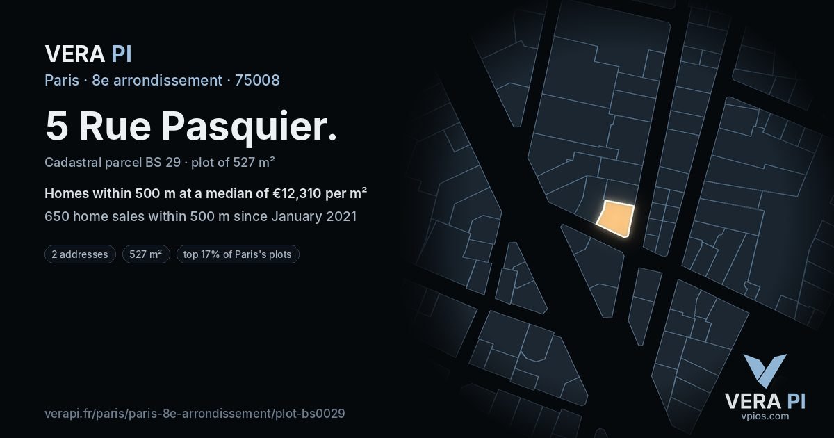 5 Rue Pasquier, 8e arrondissement at night – the plot lit, the parcels around coloured by the prices near them