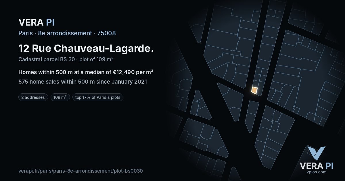 12 Rue Chauveau-Lagarde, 8e arrondissement at night – the plot lit, the parcels around coloured by the prices near them