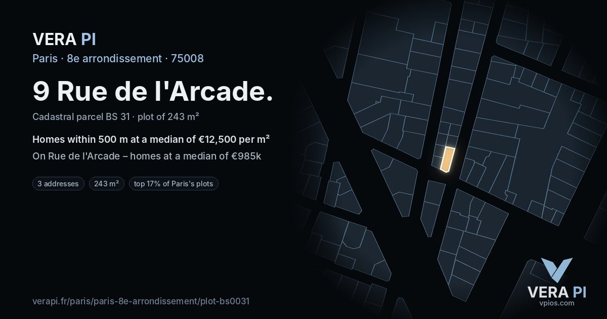 9 Rue de l'Arcade, 8e arrondissement at night – the plot lit, the parcels around coloured by the prices near them