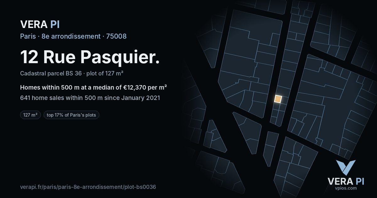 12 Rue Pasquier, 8e arrondissement at night – the plot lit, the parcels around coloured by the prices near them