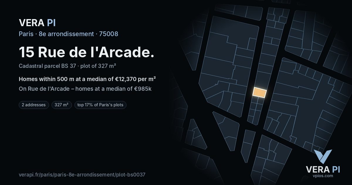 15 Rue de l'Arcade, 8e arrondissement at night – the plot lit, the parcels around coloured by the prices near them
