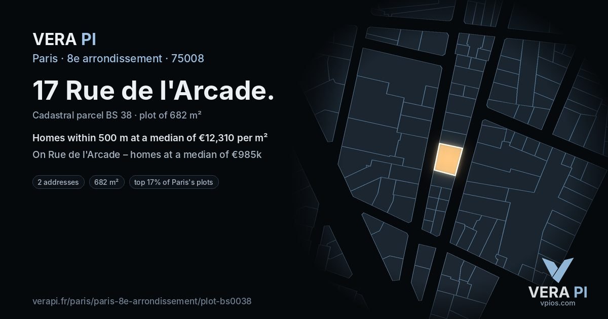 17 Rue de l'Arcade, 8e arrondissement at night – the plot lit, the parcels around coloured by the prices near them