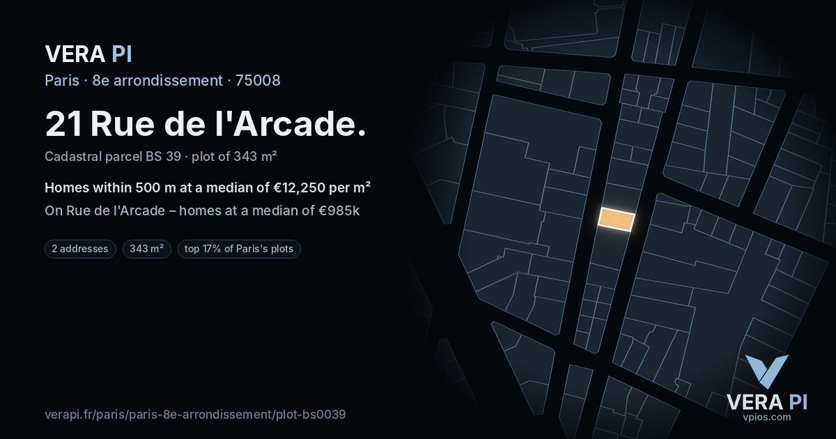 21 Rue de l'Arcade, 8e arrondissement at night – the plot lit, the parcels around coloured by the prices near them