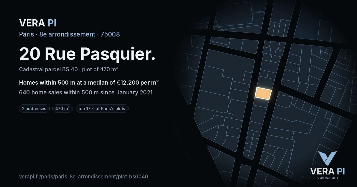 20 Rue Pasquier, 8e arrondissement at night – the plot lit, the parcels around coloured by the prices near them
