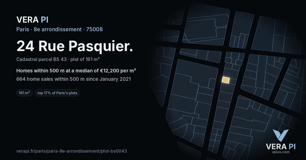 24 Rue Pasquier, 8e arrondissement at night – the plot lit, the parcels around coloured by the prices near them