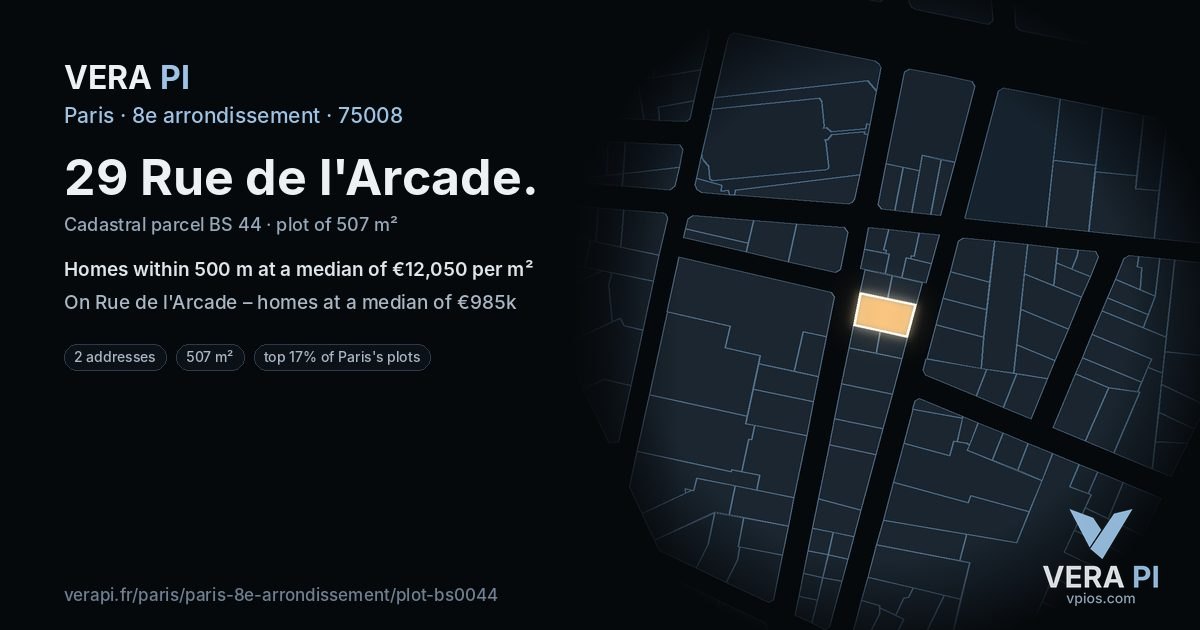 29 Rue de l'Arcade, 8e arrondissement at night – the plot lit, the parcels around coloured by the prices near them