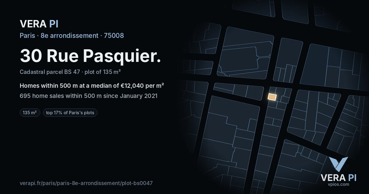 30 Rue Pasquier, 8e arrondissement at night – the plot lit, the parcels around coloured by the prices near them