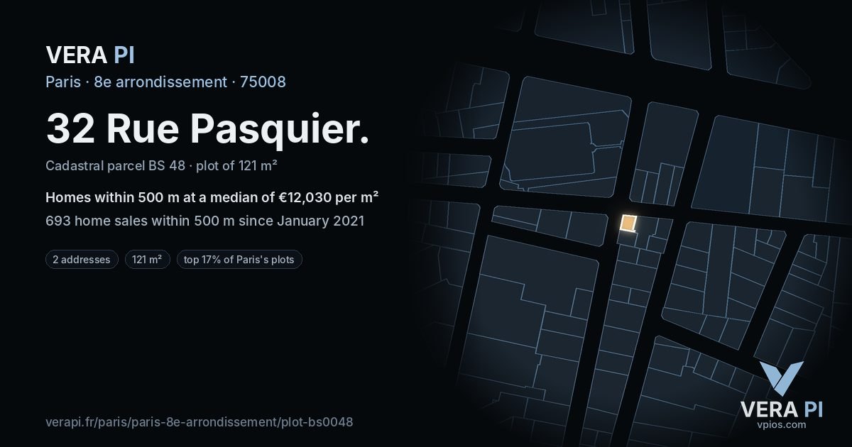 32 Rue Pasquier, 8e arrondissement at night – the plot lit, the parcels around coloured by the prices near them