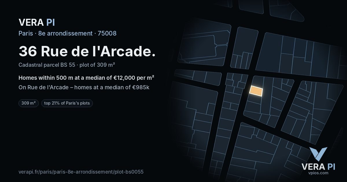 36 Rue de l'Arcade, 8e arrondissement at night – the plot lit, the parcels around coloured by the prices near them