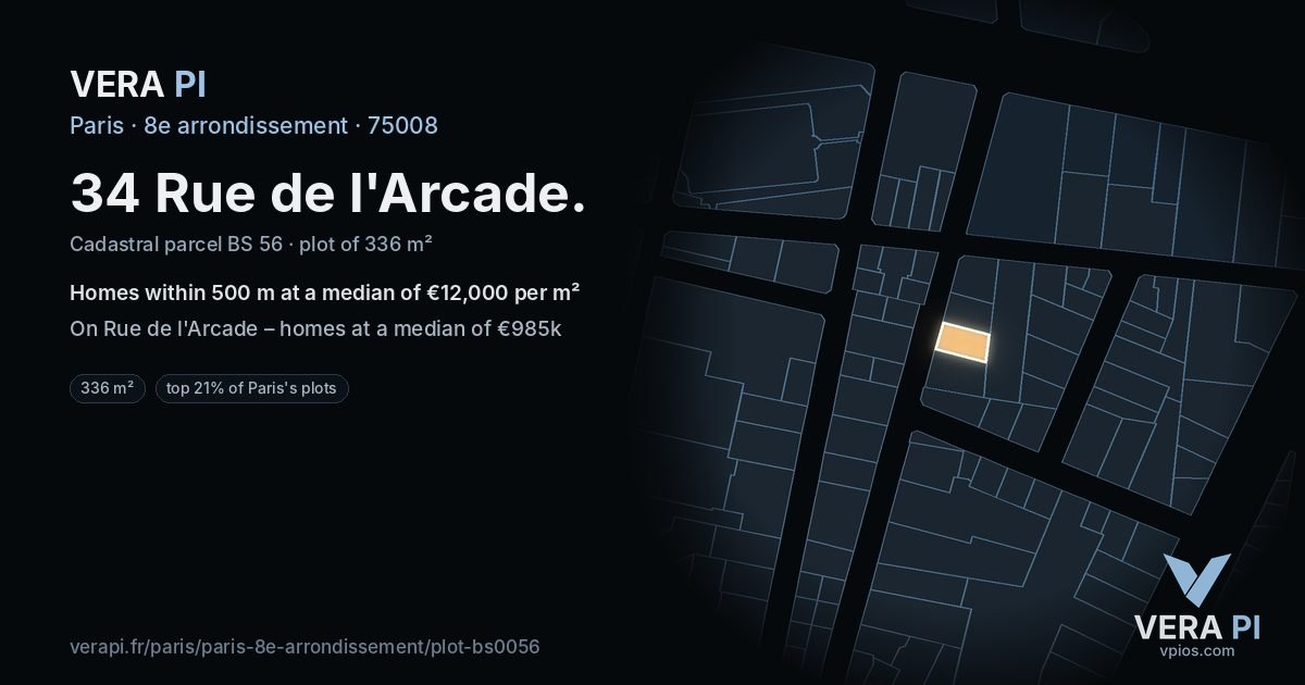 34 Rue de l'Arcade, 8e arrondissement at night – the plot lit, the parcels around coloured by the prices near them