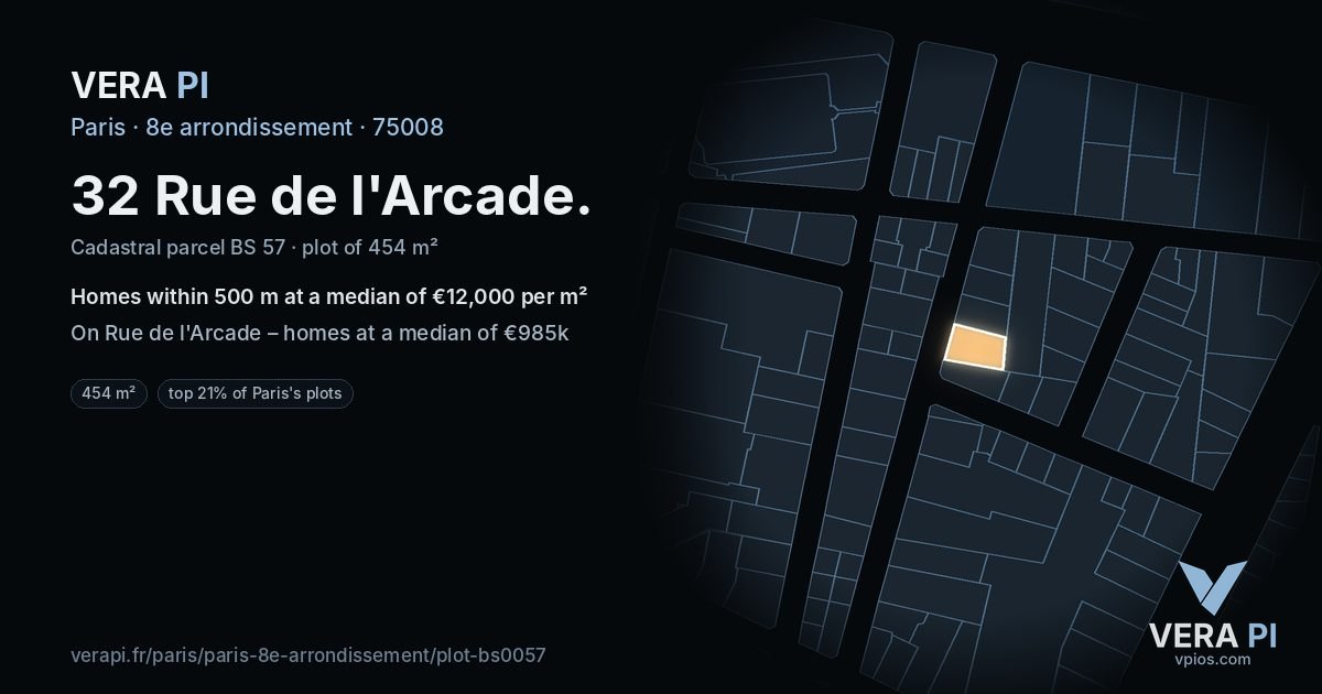 32 Rue de l'Arcade, 8e arrondissement at night – the plot lit, the parcels around coloured by the prices near them