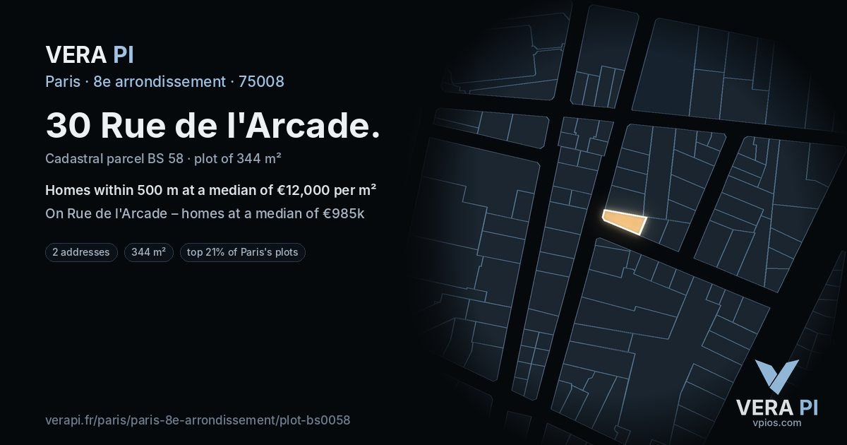30 Rue de l'Arcade, 8e arrondissement at night – the plot lit, the parcels around coloured by the prices near them