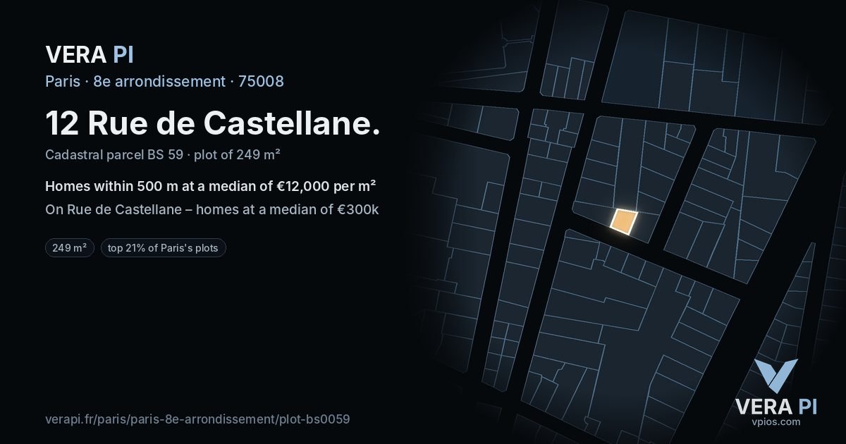 12 Rue de Castellane, 8e arrondissement at night – the plot lit, the parcels around coloured by the prices near them