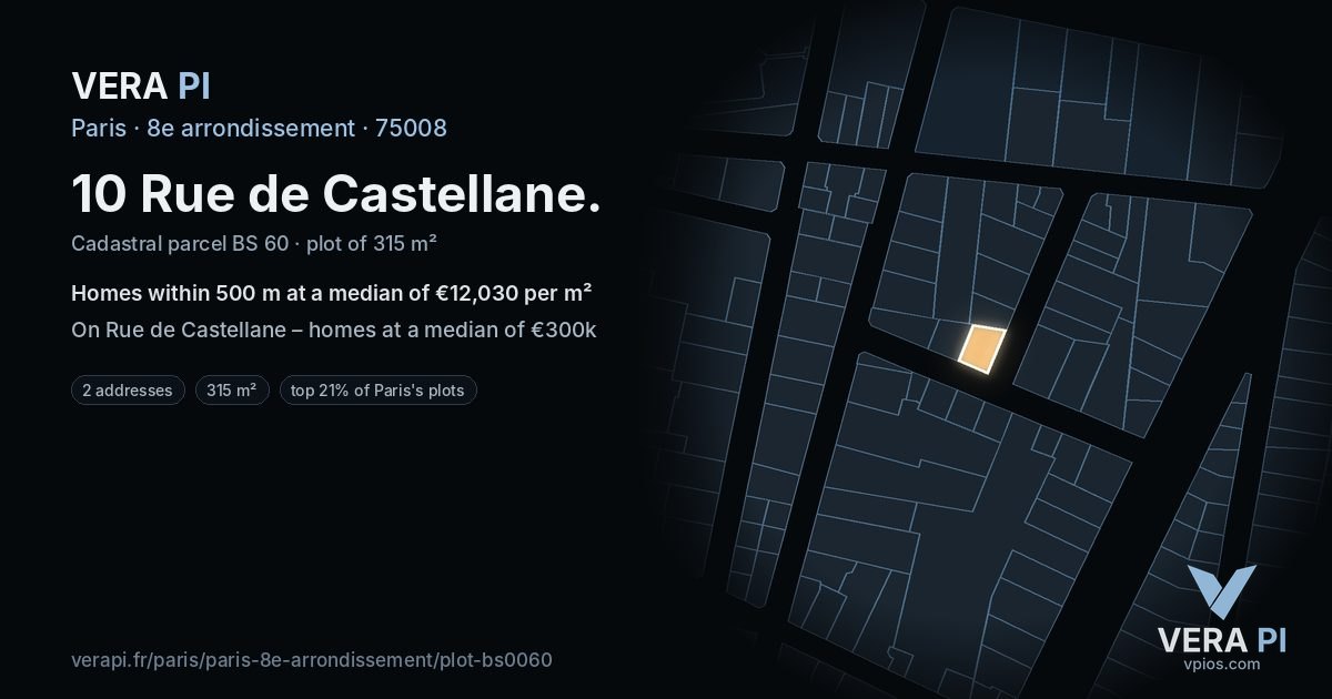 10 Rue de Castellane, 8e arrondissement at night – the plot lit, the parcels around coloured by the prices near them